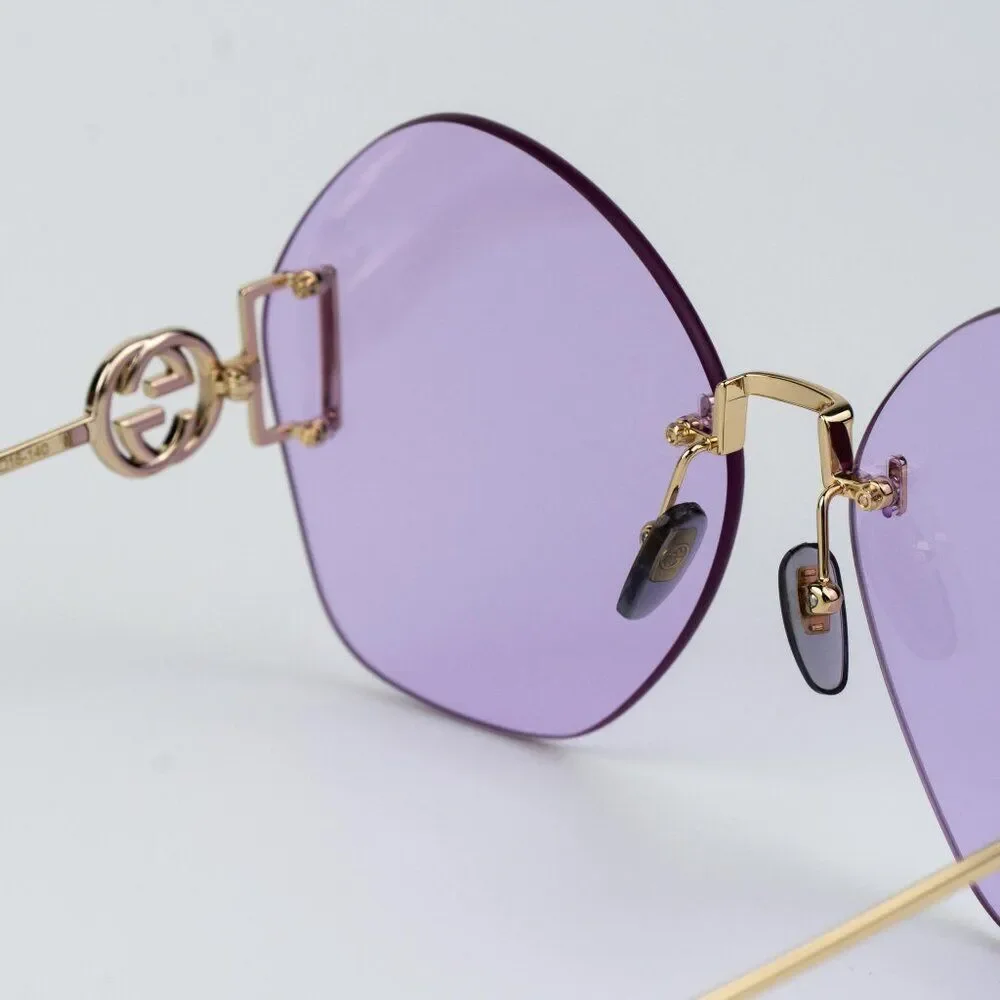 Gucci Women Sunglasses Gold Chain Violet Round GG1203S 001 NEW AUTHENTIC